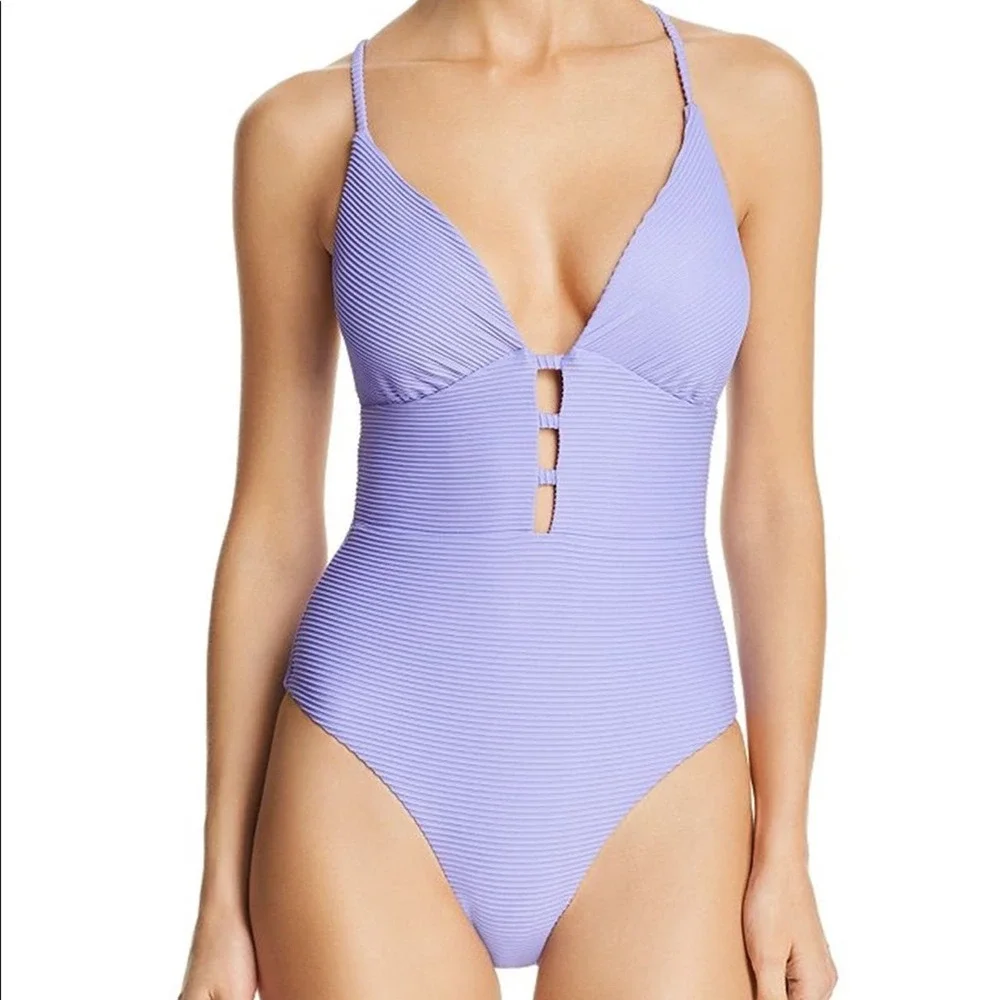 NWT Red Carter Ribbed Plunge One Piece Swimsuit‎ Size Large Lilac Riviera Sunset